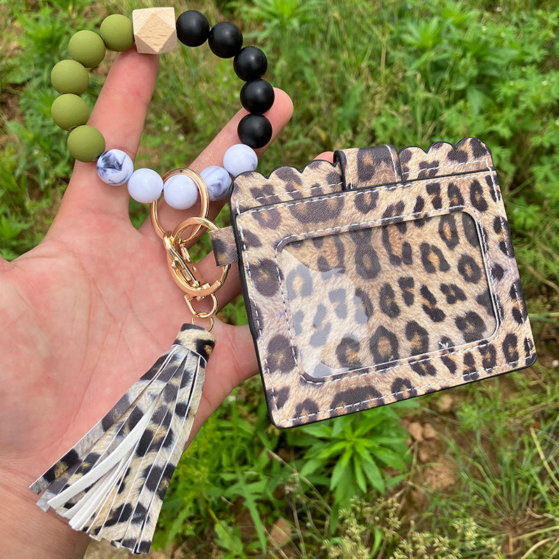 Wholesale Leopard Plaid Western Style Card Holder Silicone Beaded Wristlet Keychain ACC-KC-QiuXue011