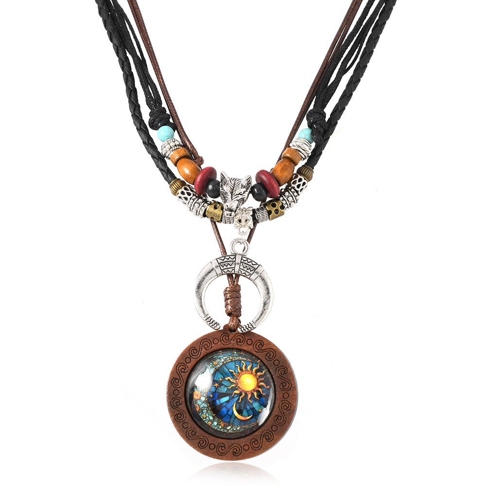 Wholesale Retro Men' s Knitted Layered Tree of Life Beaded Sweater Chain Set
