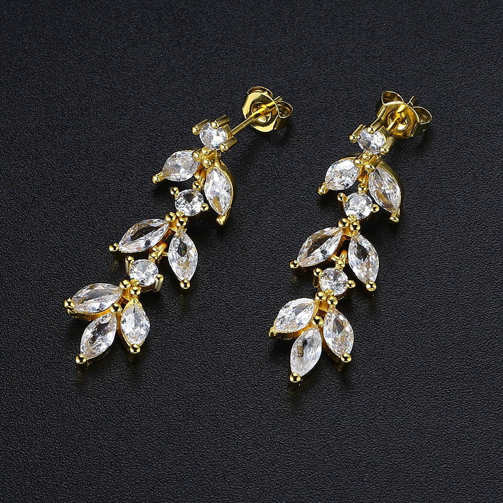 Wholesale Zircon Long Leaf Copper Earrings