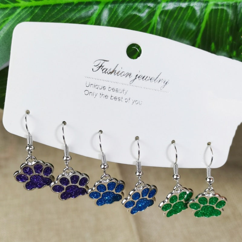 Wholesale Colorful Glitter Oil Dripping Dog Paw Earrings