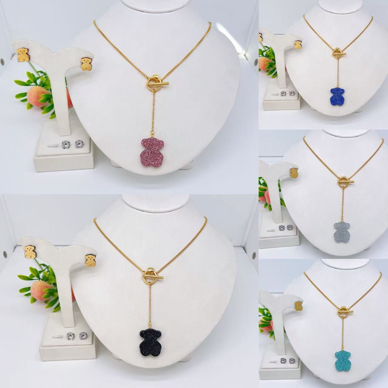 Wholesale Cute Bear Cartoon Stainless Steel Earrings and Necklace Set for Party Wear
