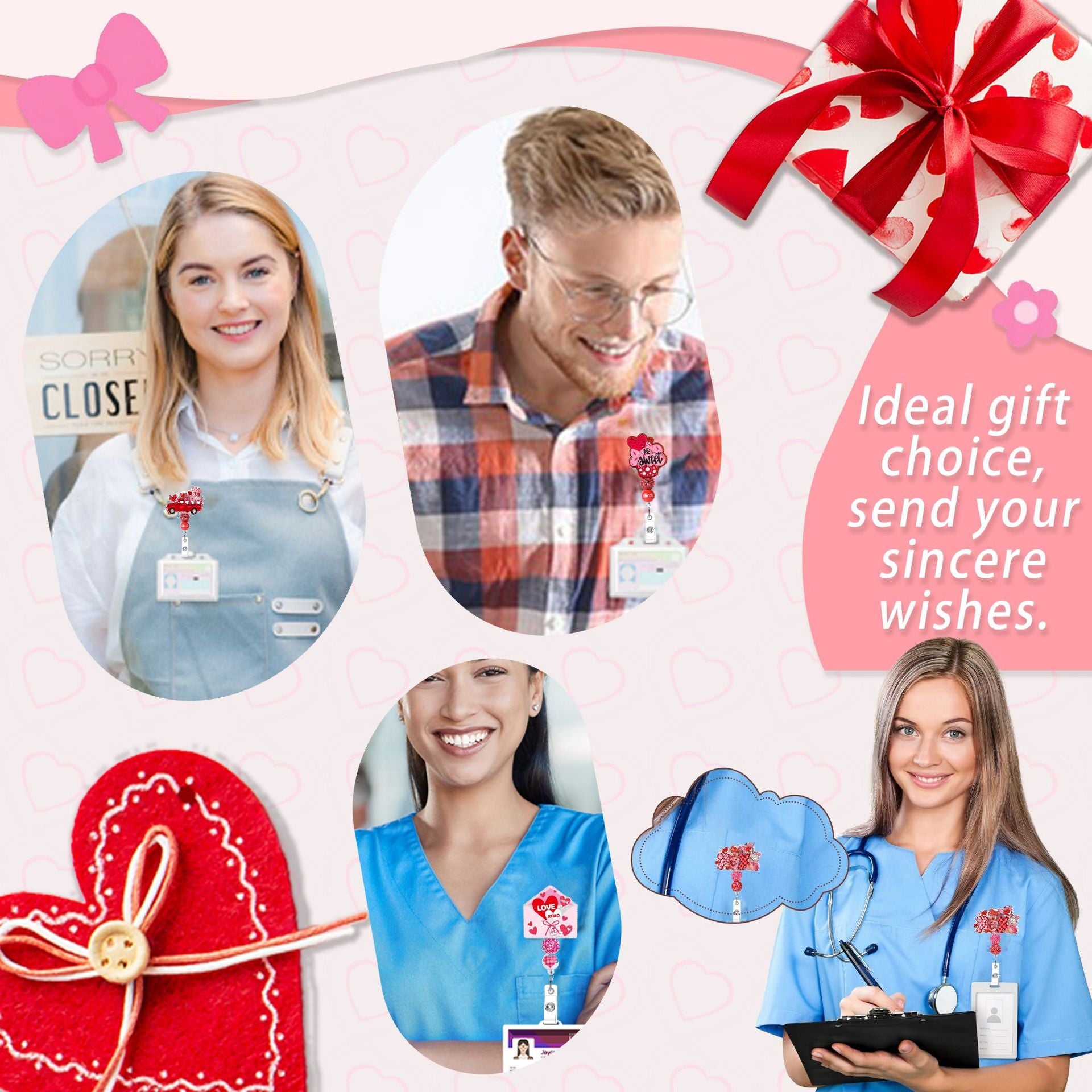 Wholesale  Pink Beaded Valentine' s Day Retractable Badge Reels,