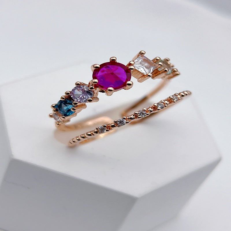 Wholesale Double Layer Colored Gemstone Open Ring Flower Adjustable Rings ACC-RS-YXY005