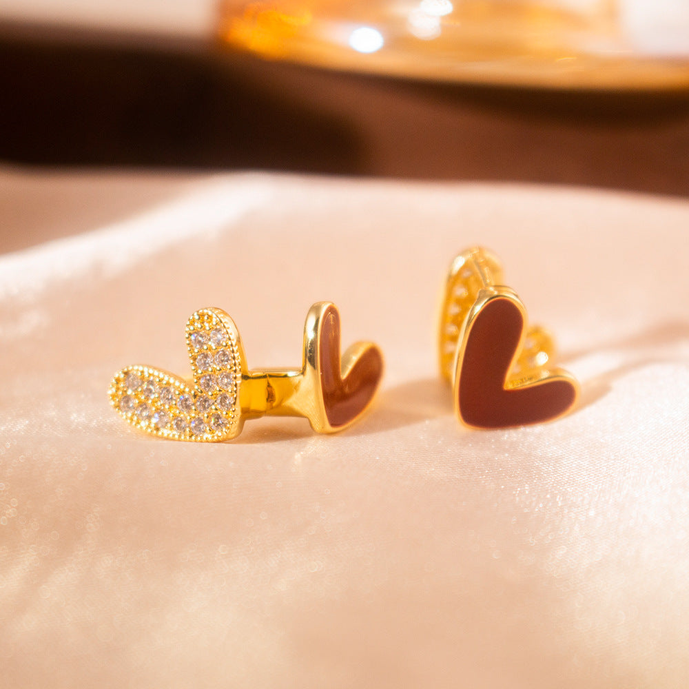 Wholesale  Red Oil Dropping Zircon Double-sided Love Ear Buckle  Retro Earrings