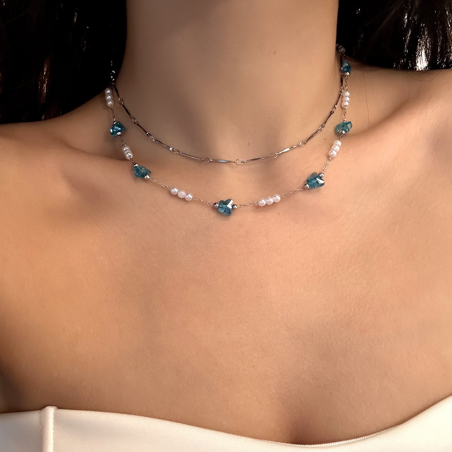 Wholesale  Blue Double-layer Butterfly Stacked Necklace