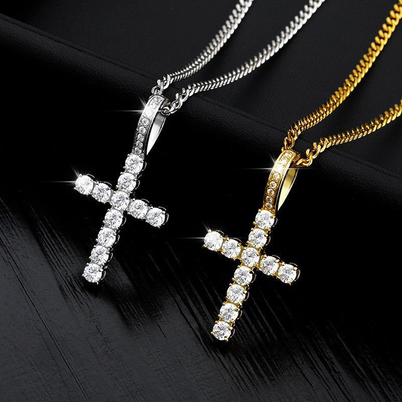 Wholesale Cross-Border European and American Amazon Hip-Hop Jewelry Copper Inlaid Zircon Cross Pendant Trendy Personalized Men' s and Women' s Necklaces