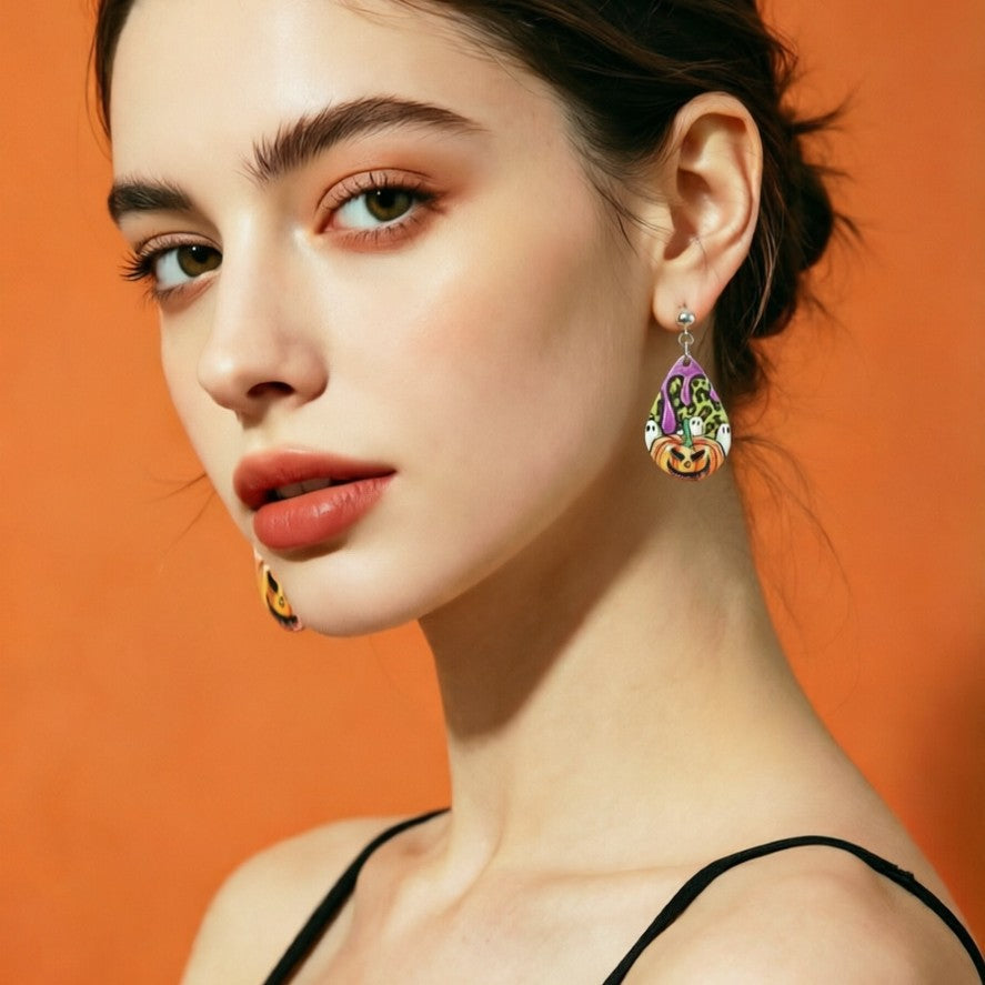 Wholesale  Acrylic Earrings Double-Sided Printed Ghost Cat Pumpkin Drop Earrings Party Gift