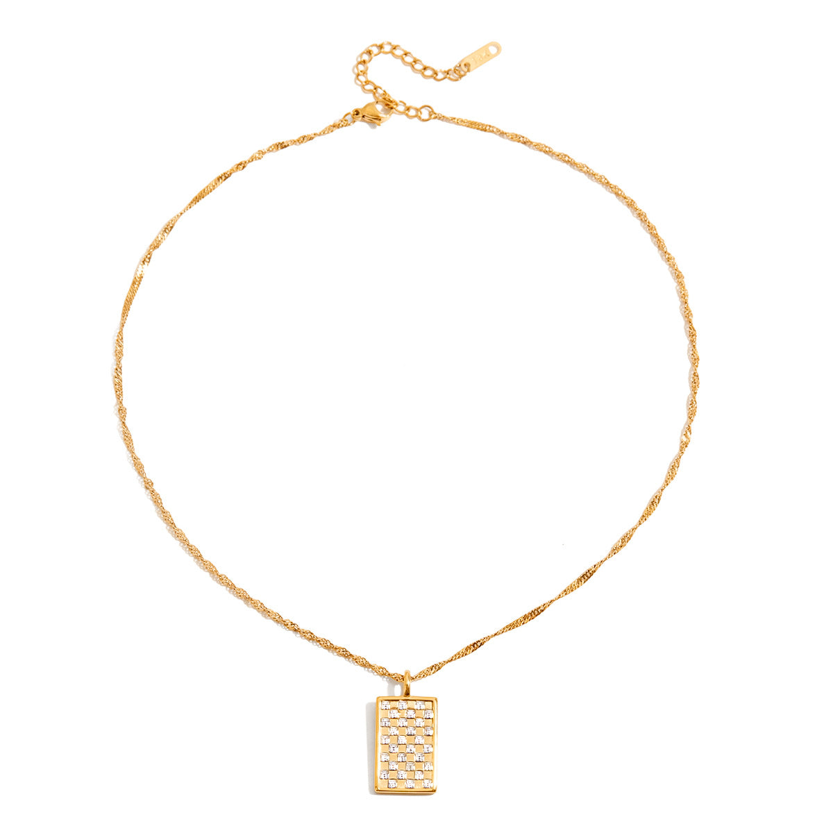 Wholesale 18K Gold  with White Diamond Rectangular Pendant Stainless Steel Necklace