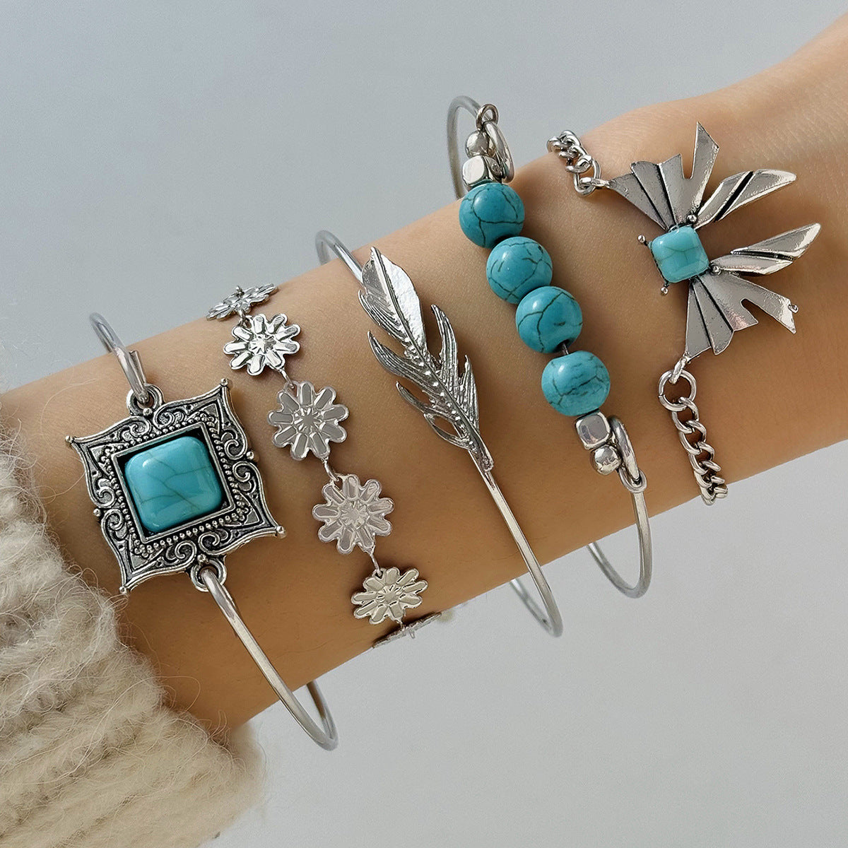 Wholesale Bohemian Turquoise Leaf Bracelet Set