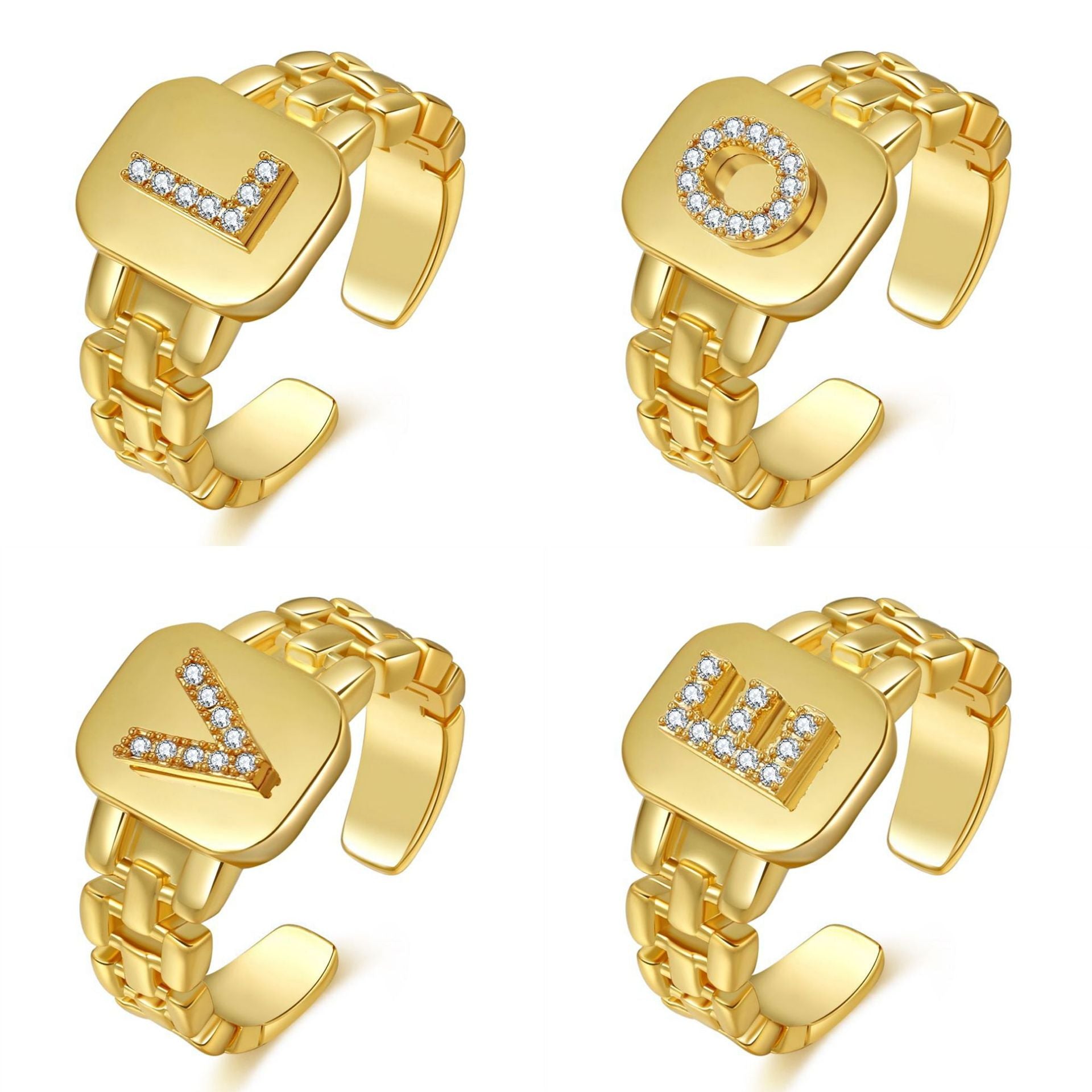 Wholesale Letter Series Gold-plated Zircon Light Luxury Rings Open Rings ACC-RS-SY006