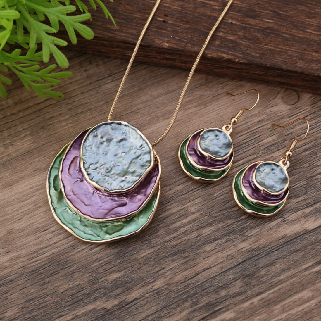 Wholesale  color painting oil three-layer ring hollow pendant earrings suit