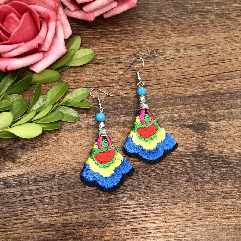 Wholesale Hand Embroidery Vintage Ethnic Style Fabric Earrings Flower Tassels ACC-ES-Luox008