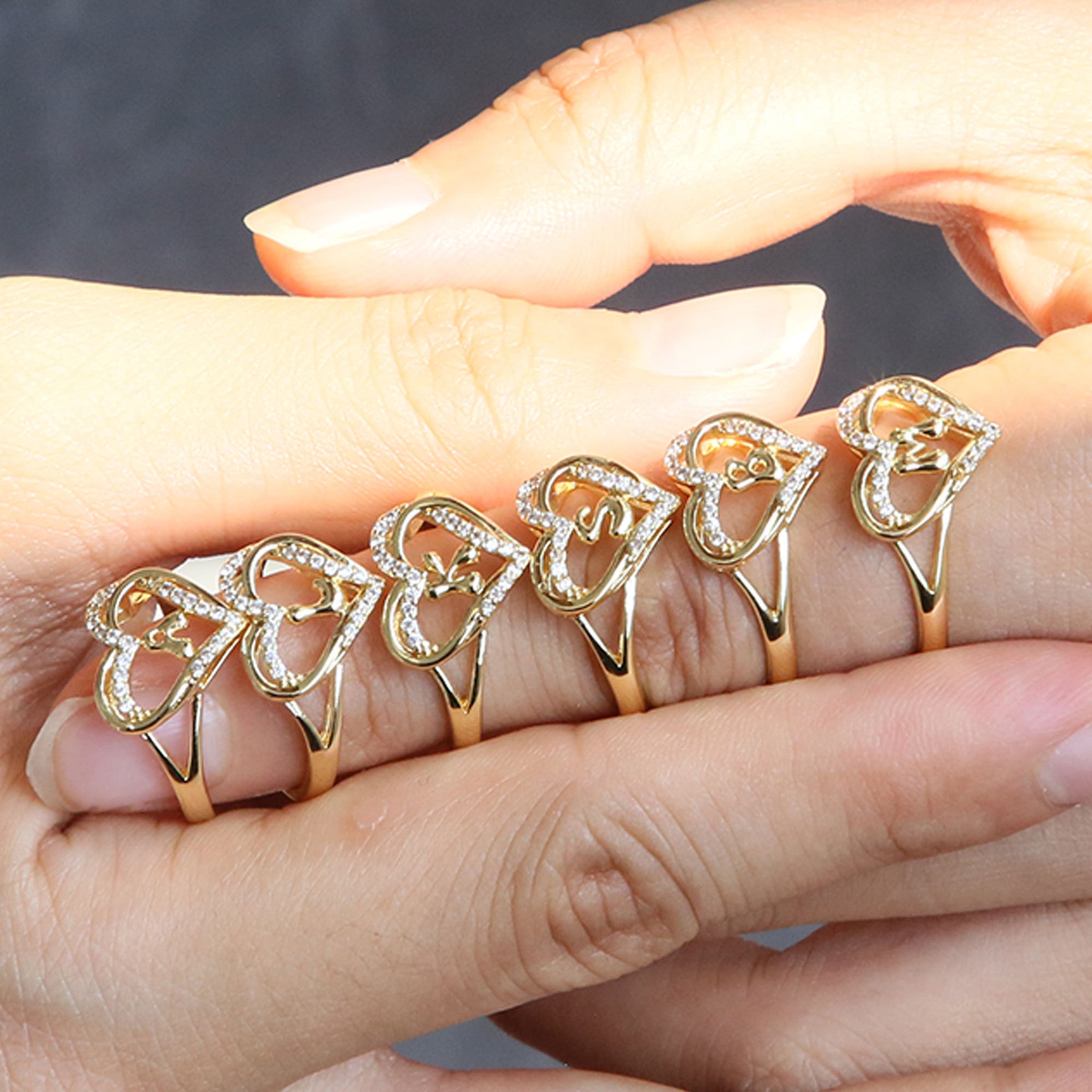 Wholesale  gold love heart-shaped 26 English letters open heart fashion  ring