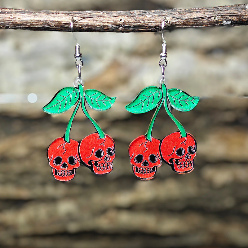 Wholesale Red Cherry Skull Halloween Earrings