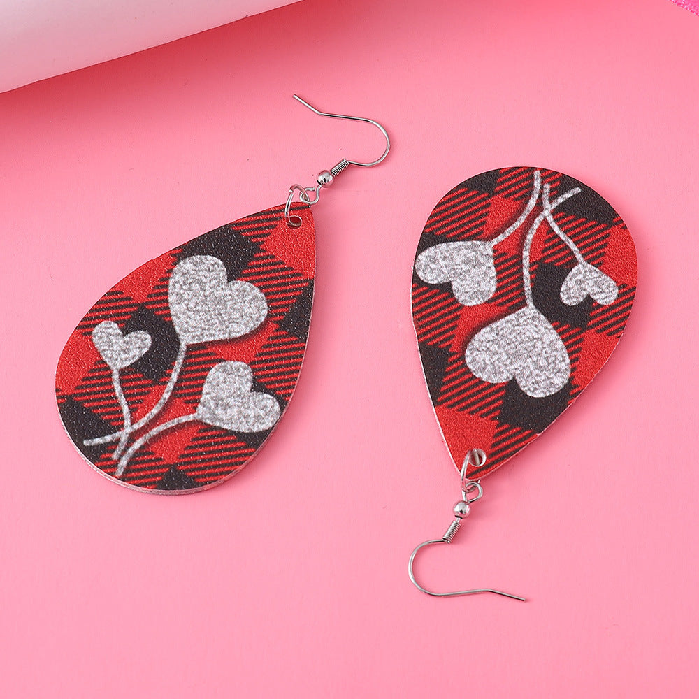 Wholesale Valentine's Day Plaid Love Water Drop Leather Double Sided Earrings