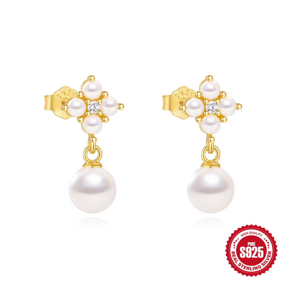 Wholesale  S925 Sterling Silver  Cute Petal Diamond Pearl Earrings