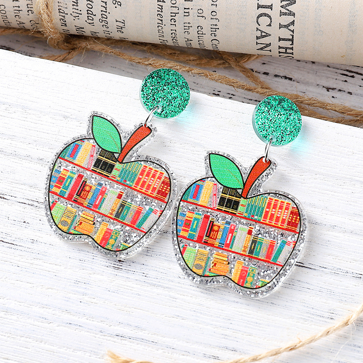 Wholesale Sequin Apple Book Ruler Rainbow Pendant Acrylic Earrings