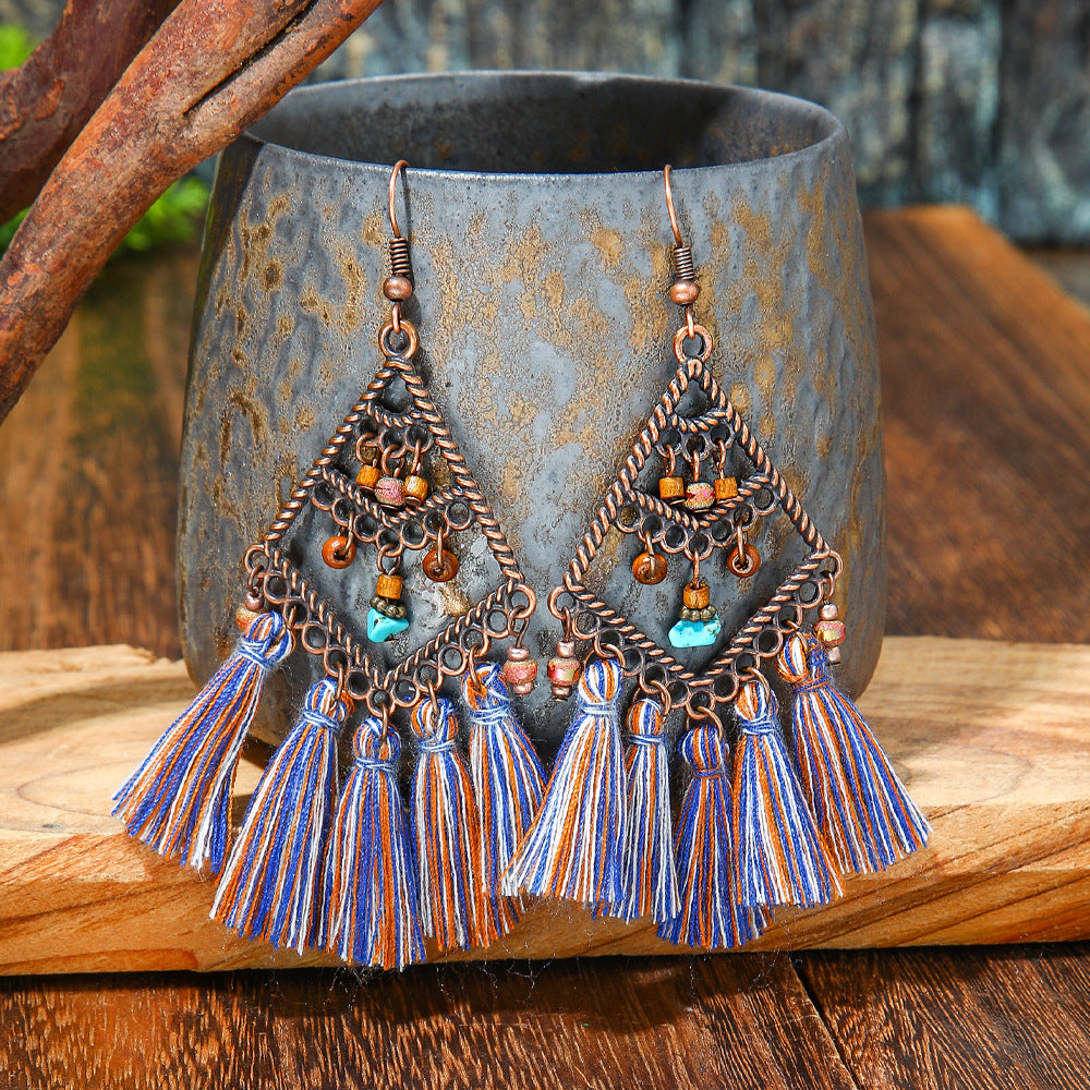 Wholesale Handmade Woven Tassel Earrings Bohemian Style Zinc Alloy Summer Beach Holiday Fashion Accessory
