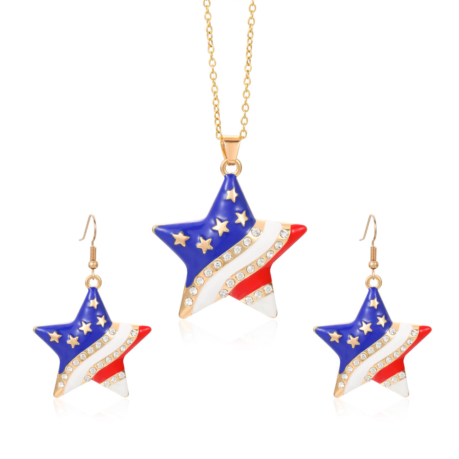 Wholesale American Independence Day Alloy Diamond Flag Stripe Earrings Necklace Set ACC-ES-BinLi001