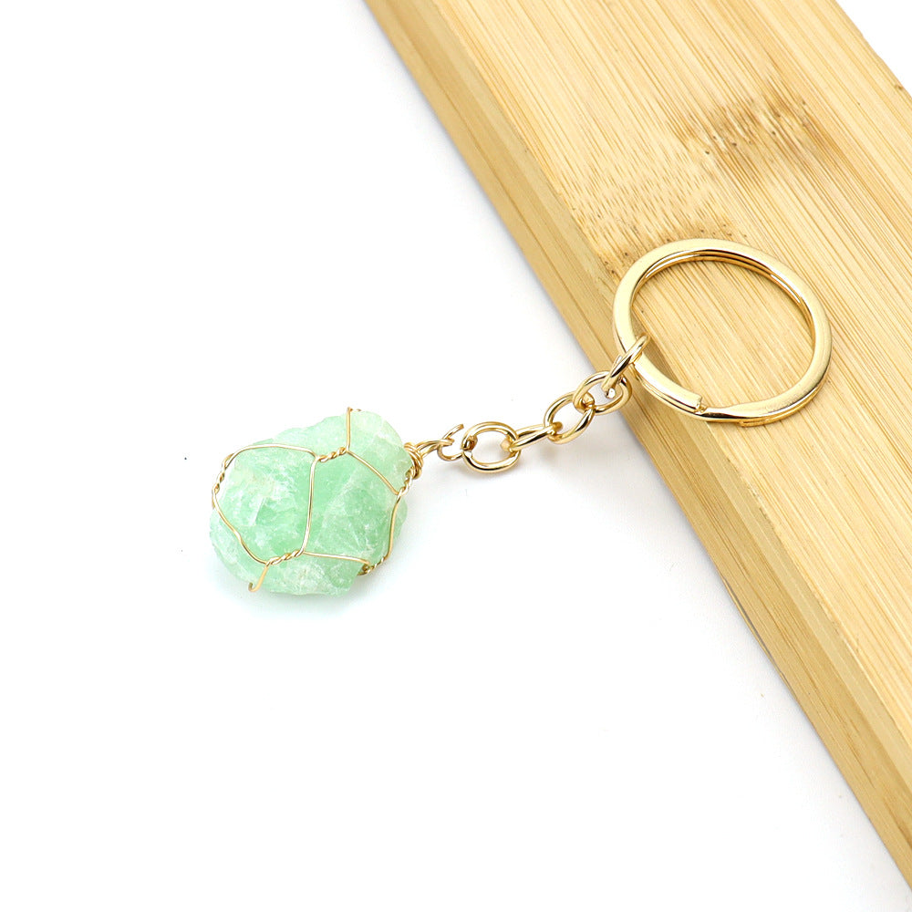 Wholesale Gold Wire Wound Natural Crystal Rough Stone Keychain ACC-KC-HanX006