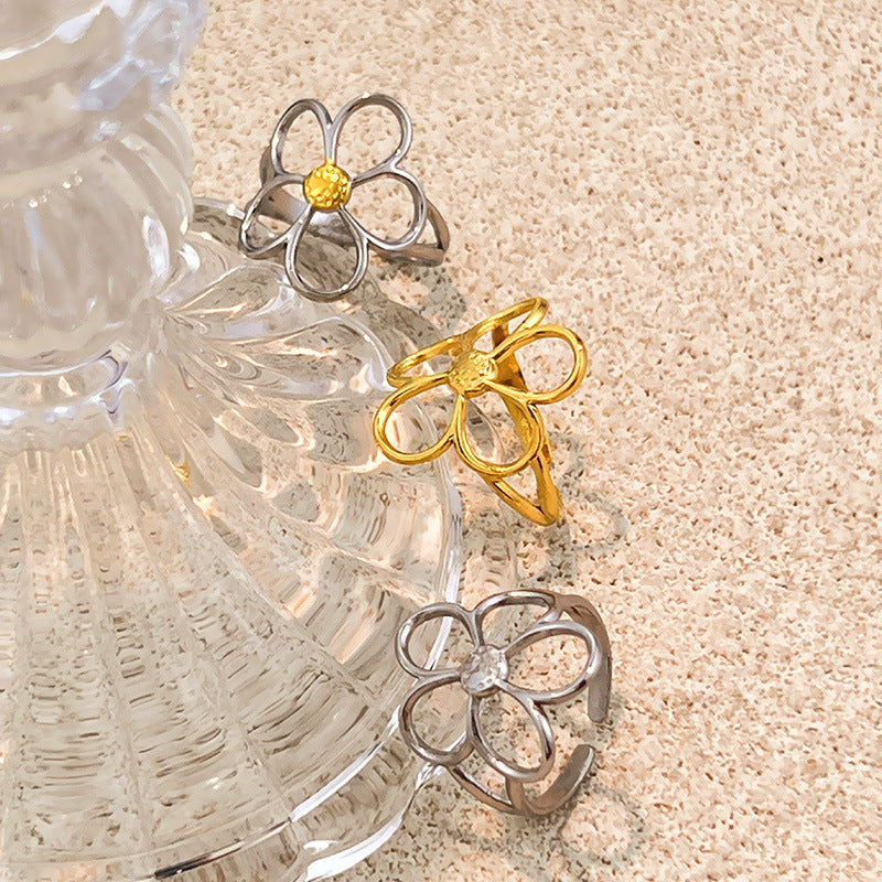 Wholesale  Titanium Steel Ring Niche Design Small  Flower Ring Simple High-End Open Ring Fashionable and Versatile
