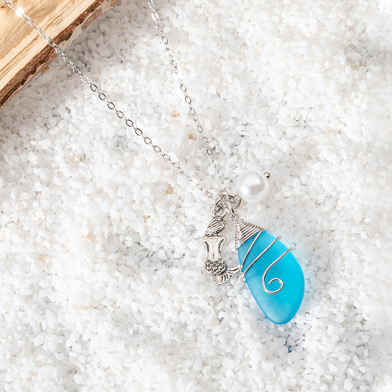 Wholesale Beautiful Colorful Sea Glass Pendant Necklace Sweater Chain Long Necklace ACC-NE-XLH002