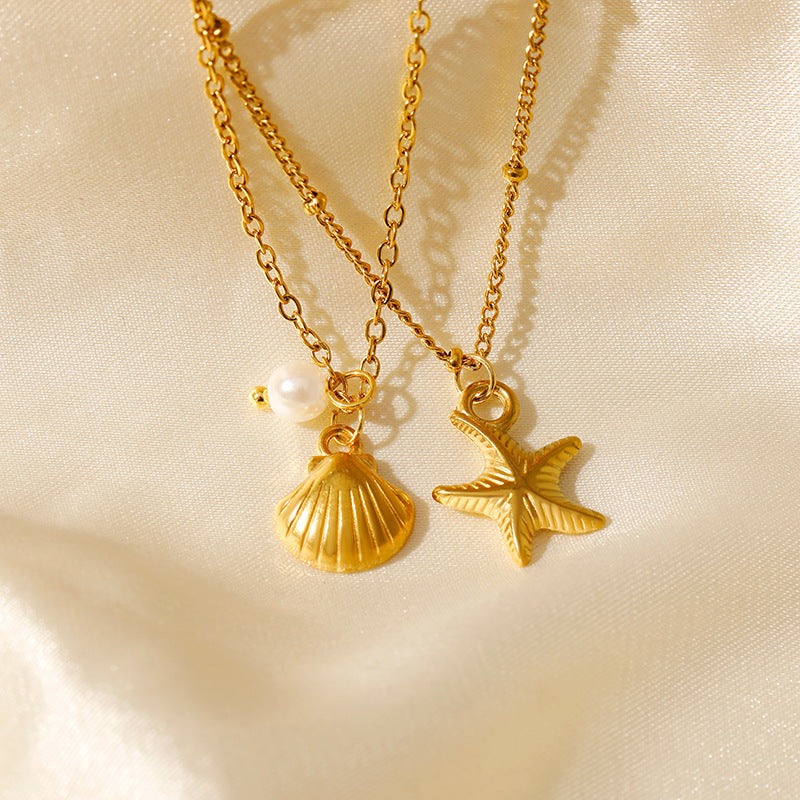 Wholesale Stainless steel retention double layer starfish shell summer holiday wind clavicle chain