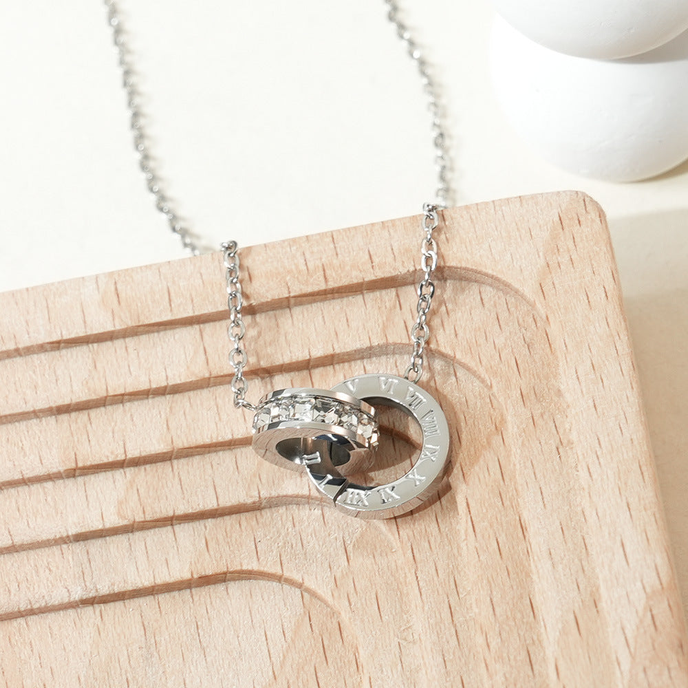 Wholesale Titanium steel double-ring diamond-set Roman numeral necklace