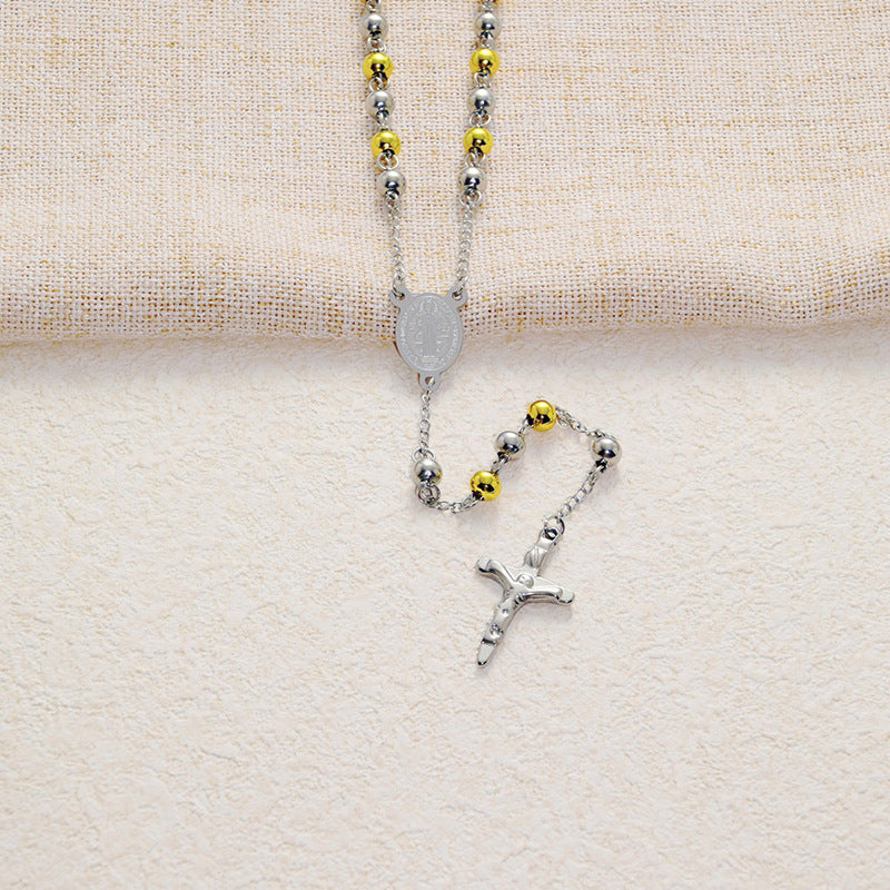 Wholesale  Round Bead Chain Stainless Steel Priest Cross Necklace Jewelry