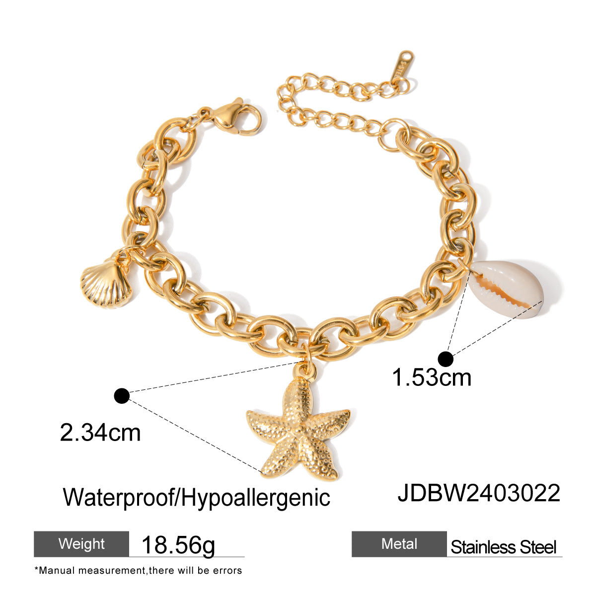 Wholesale 18k gold stainless steel starfish shell conch bracelet