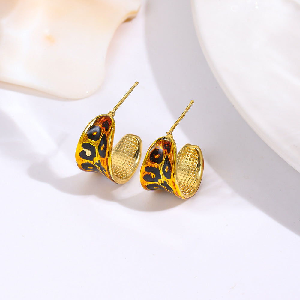 Wholesale  Retro Oil Dripping Geometric C-Shaped Leopard Print Earrings