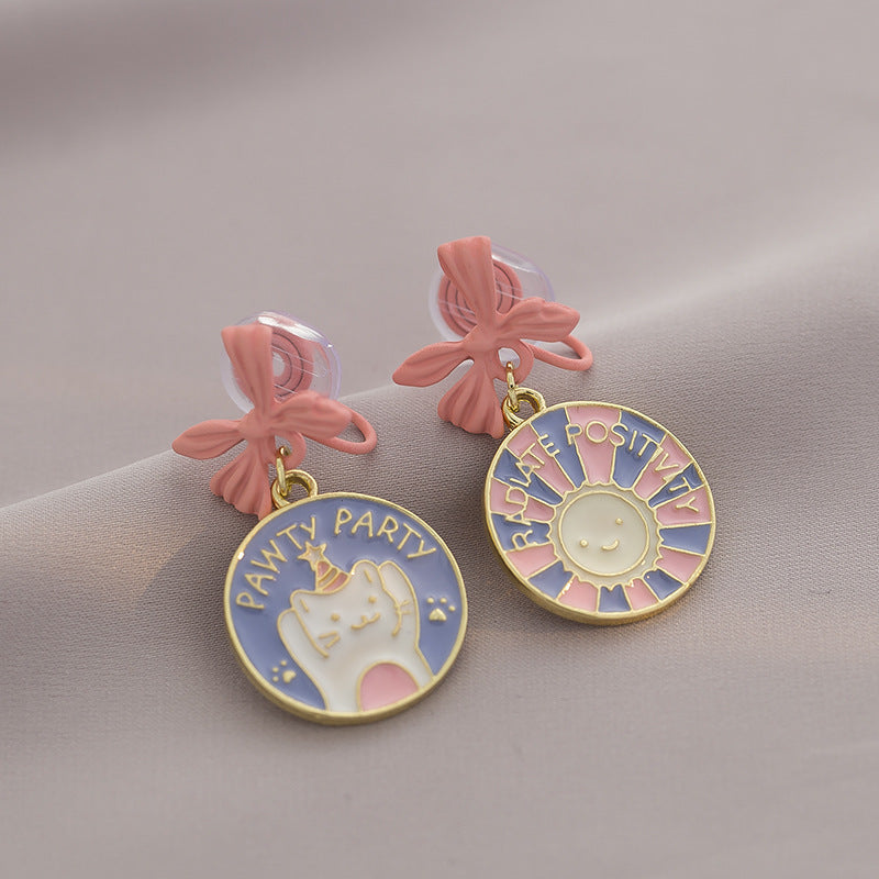 Wholesale Electroplated Alloy Pink Bow Cat Earrings Sweet Fashion Accessory for Girls Gift