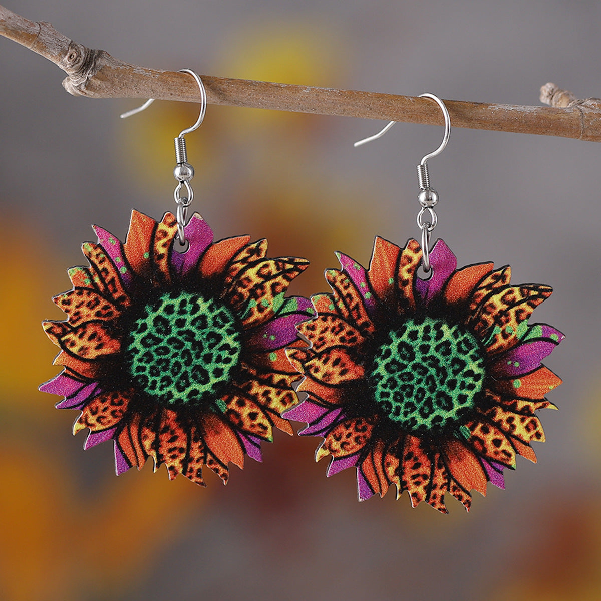 Wholesale Western Style Leopard Print Sunflower Cactus Wood Earrings ACC-ES-ChuLian087