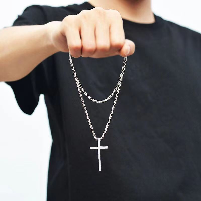 Wholesale Hip Hop Style Titanium Steel Cross Pendant Necklace For Men Smooth Finish Long Chain Sweater Jewelry Accessory