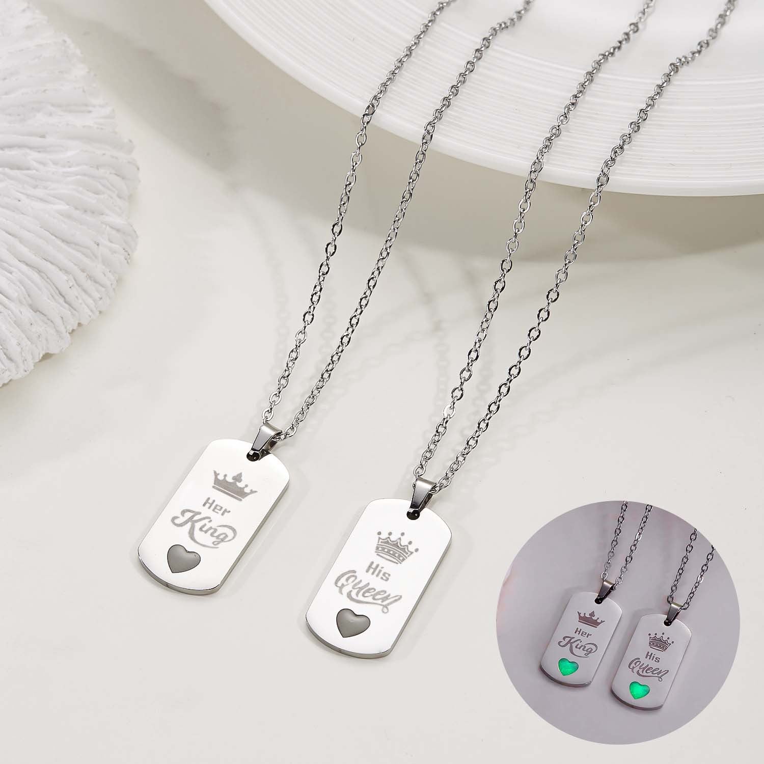 Wholesale  Couple Stainless Steel King and Queen Luminous  Letter Necklace