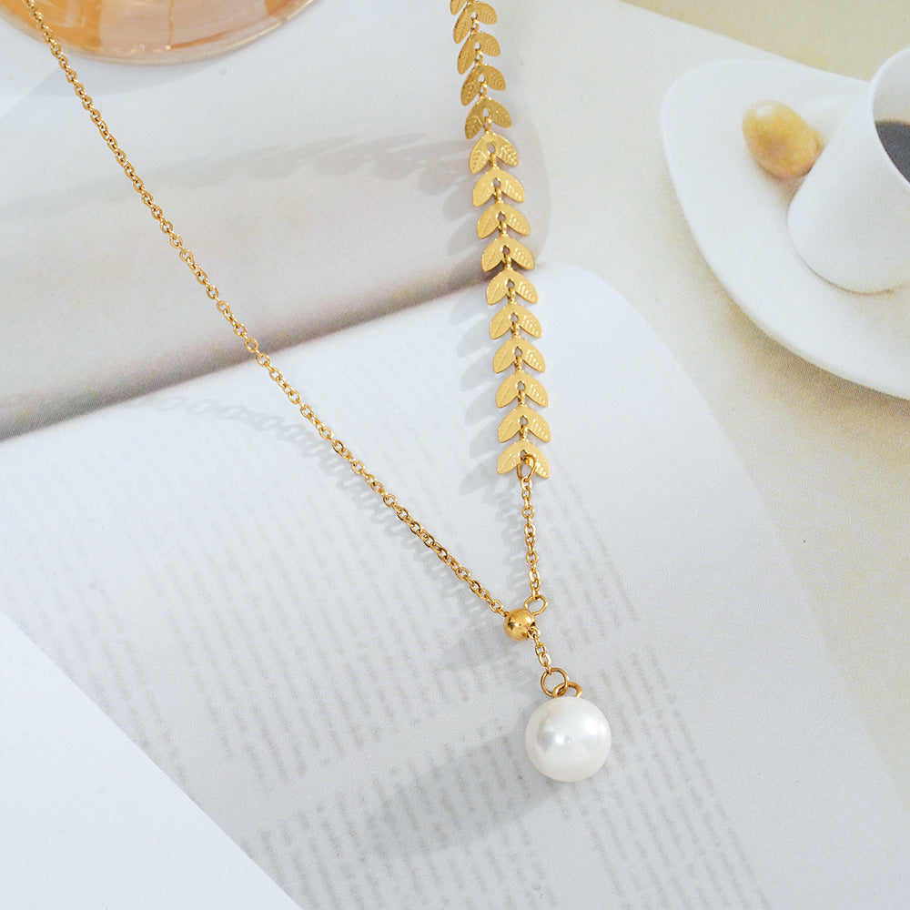 Wholesale Titanium Steel Asymmetric Wheat Pearl Clavicle Chain Necklace,  Fashion Jewelry Gift for Boutique Resale