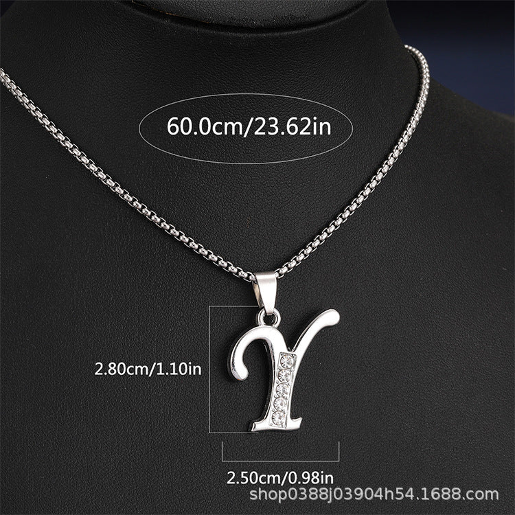 Wholesale Titanium Steel 26 Diamond-Encrusted English Letter Necklaces