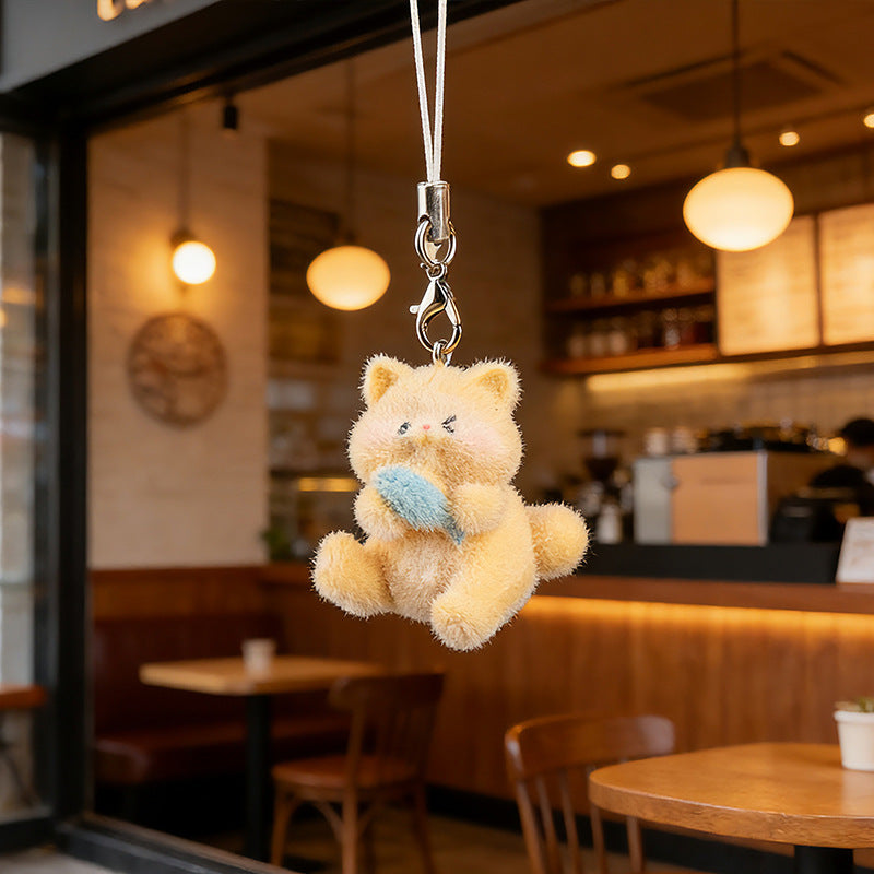 Wholesale Keychain 3D Flocked Chubby Orange Cat Eating Fish Phone Charm DIY Cute Pendant