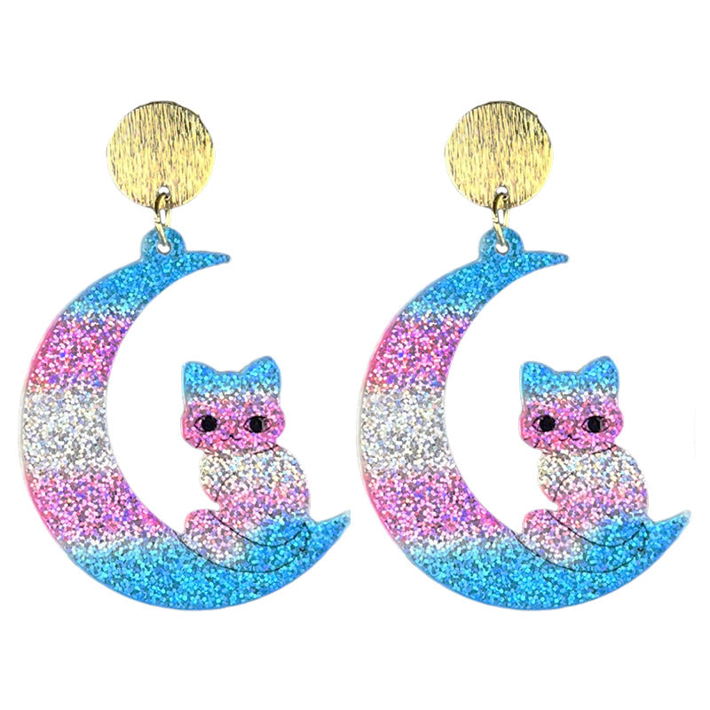 Wholesale 2 pairs/ pack Sparkling acrylic flower moon and cat earrings