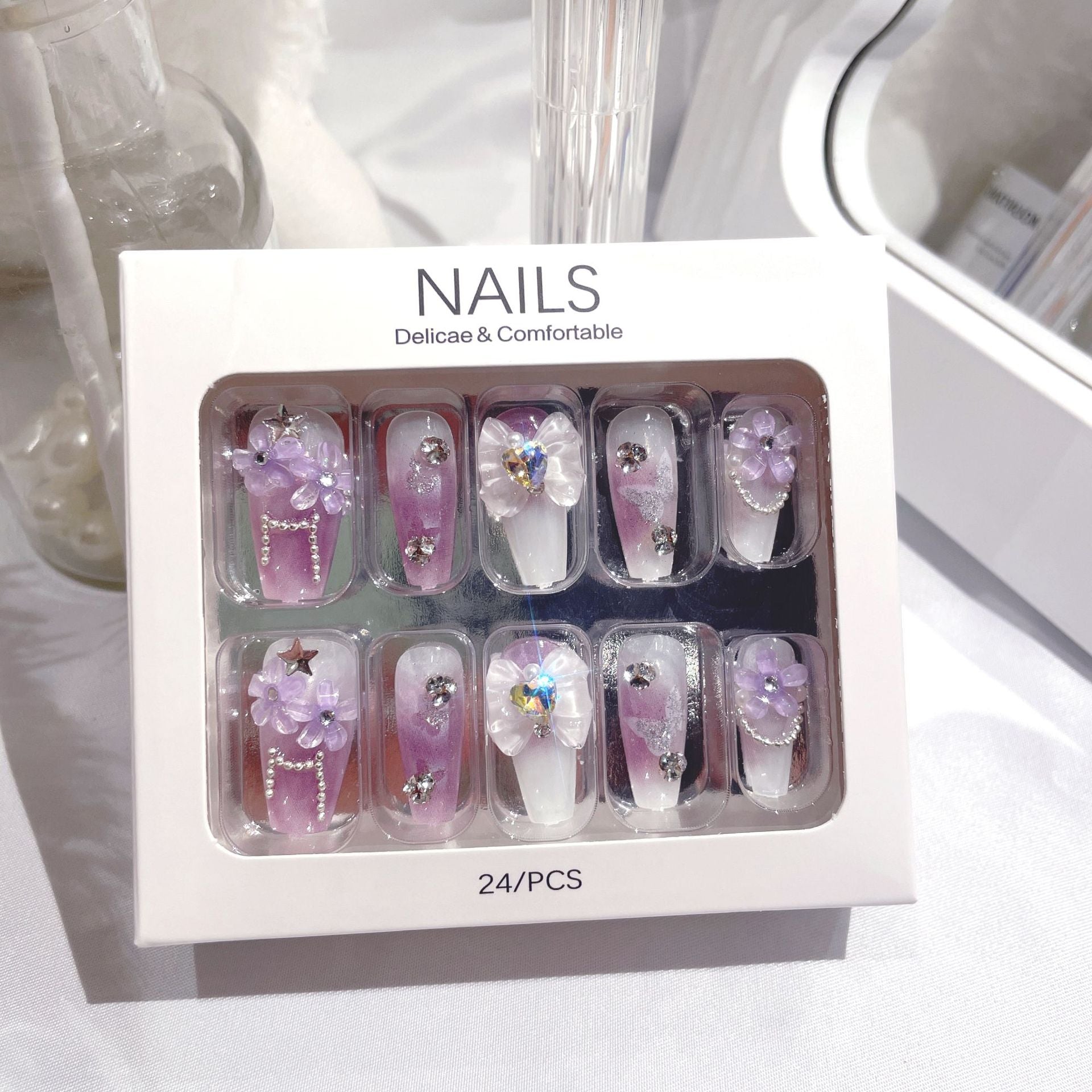 Wholesale 24 Pieces/box Bowknot Press-on Nails Kits Nail Stickers ACC-NS-DiNa005