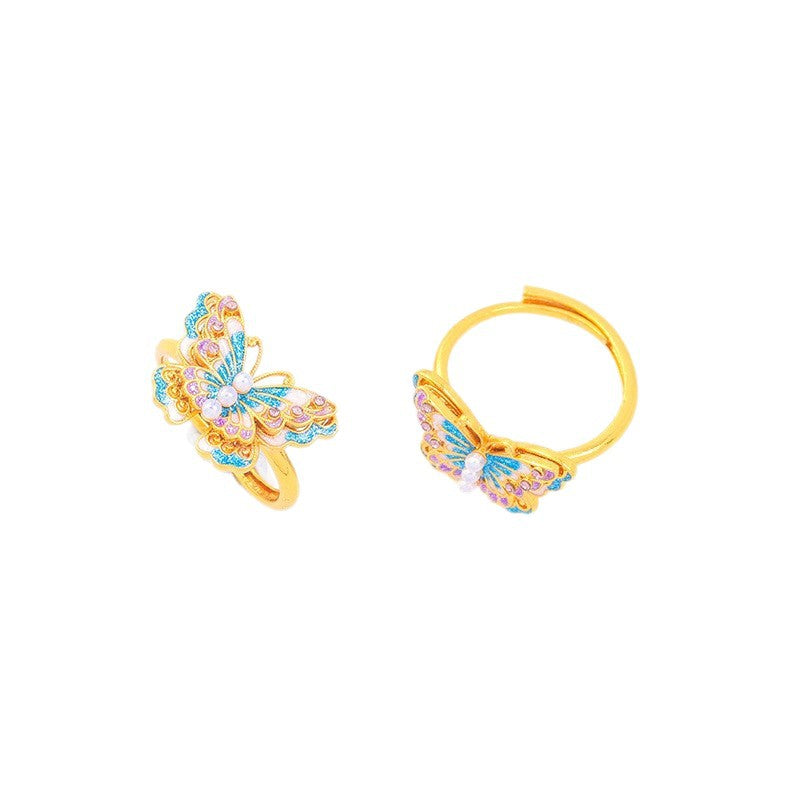Wholesale Butterfly Ring Blue Gradient Enamel Pearl Antique Gold Finish Fashion Jewelry Accessory