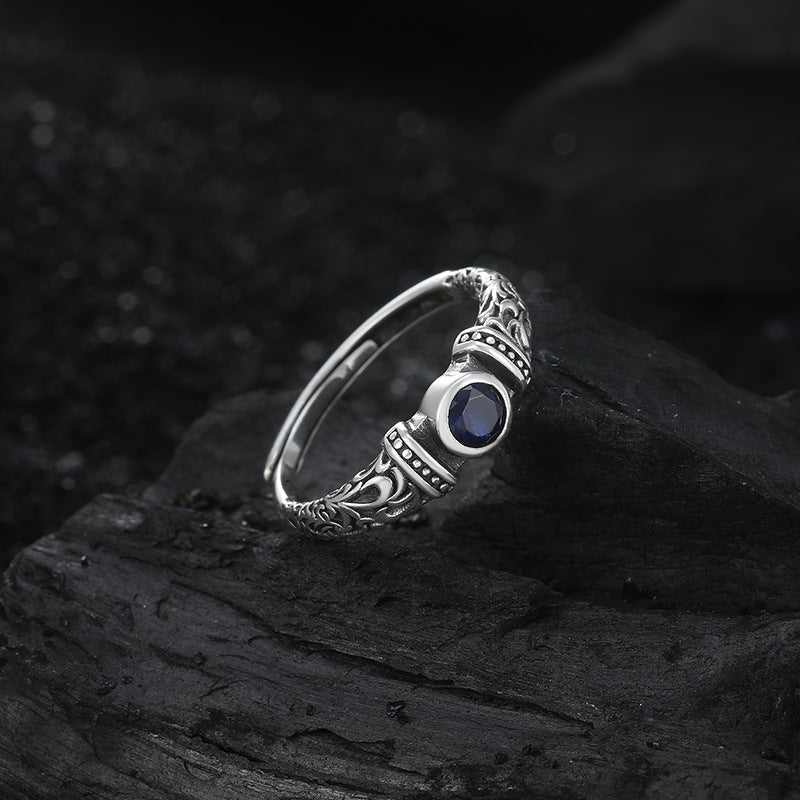 Wholesale s925 Sterling Silver Grass Pattern Dark Blue Zircon Retro Rings