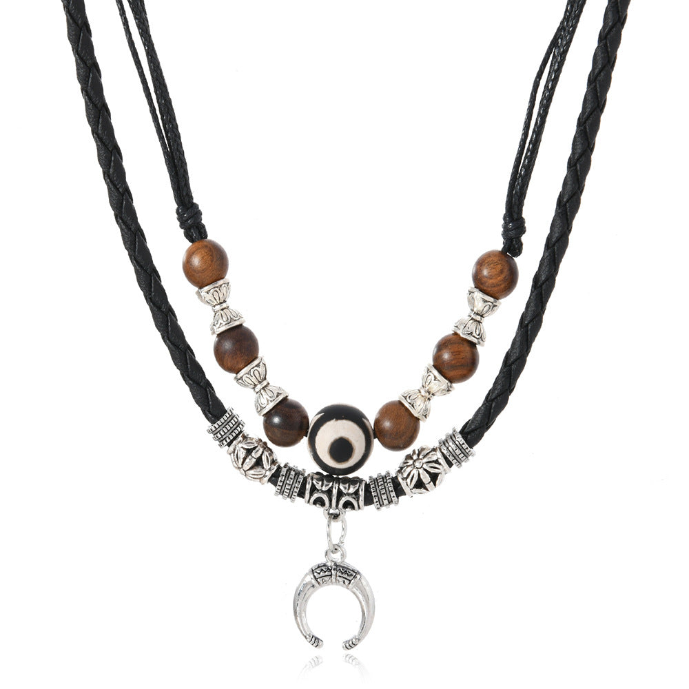 Wholesale Leather retro woven wooden bead necklace