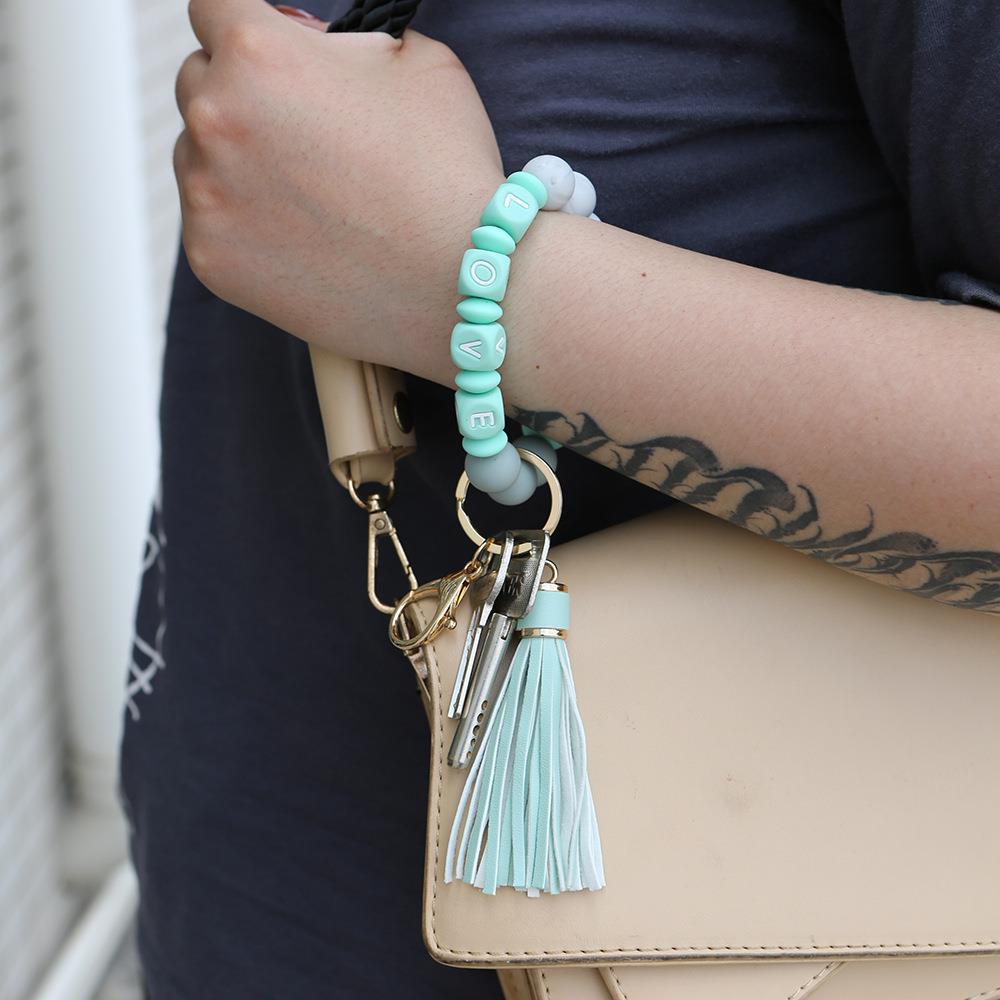 Wholesale Silicone Wrist Keychain Handmade Beaded Tassel Bracelet Keychain ACC-KC-JM003