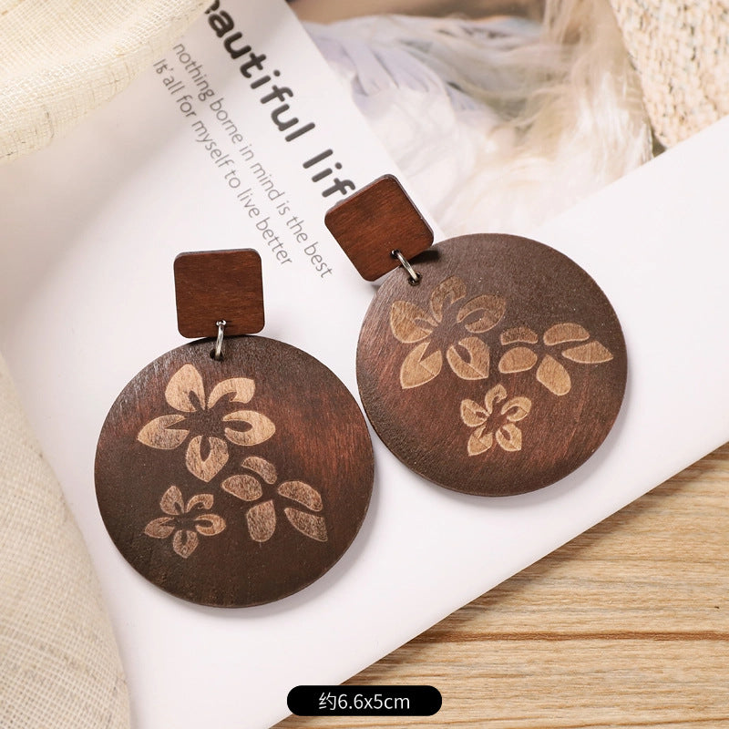 Wholesale Retro Coffee Wooden Earrings Ethnic Style Round Hand Knitted Jewelry Accessory