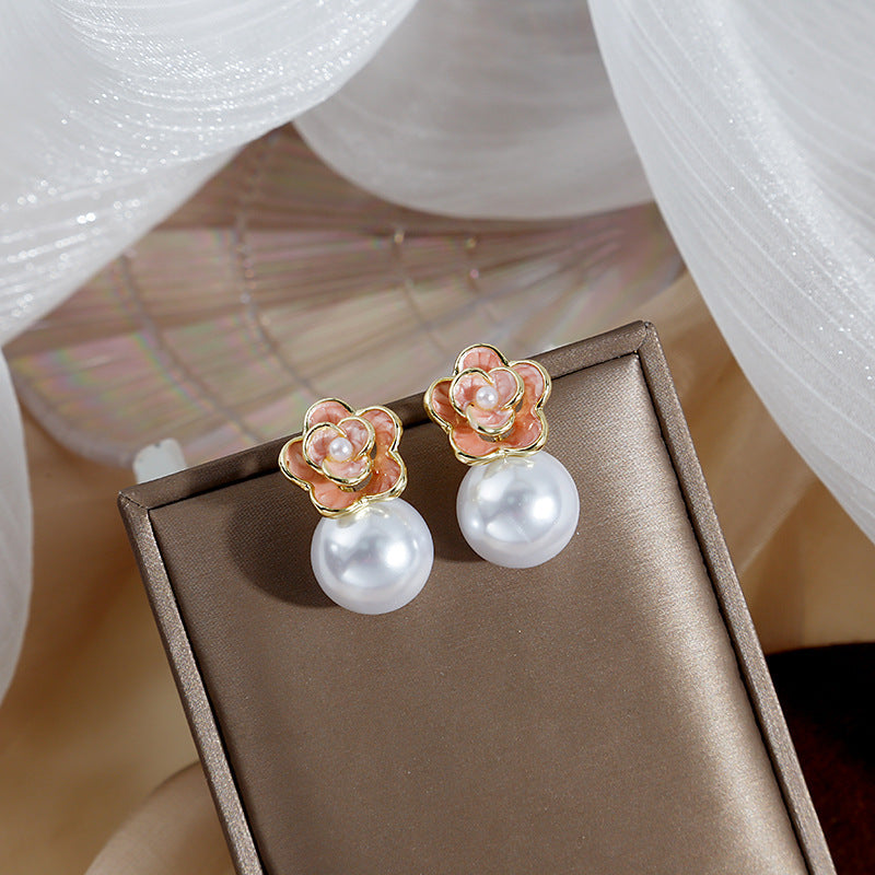 Wholesale Silver Needle Pearl  Rose Bow Front and Back Large Earrings