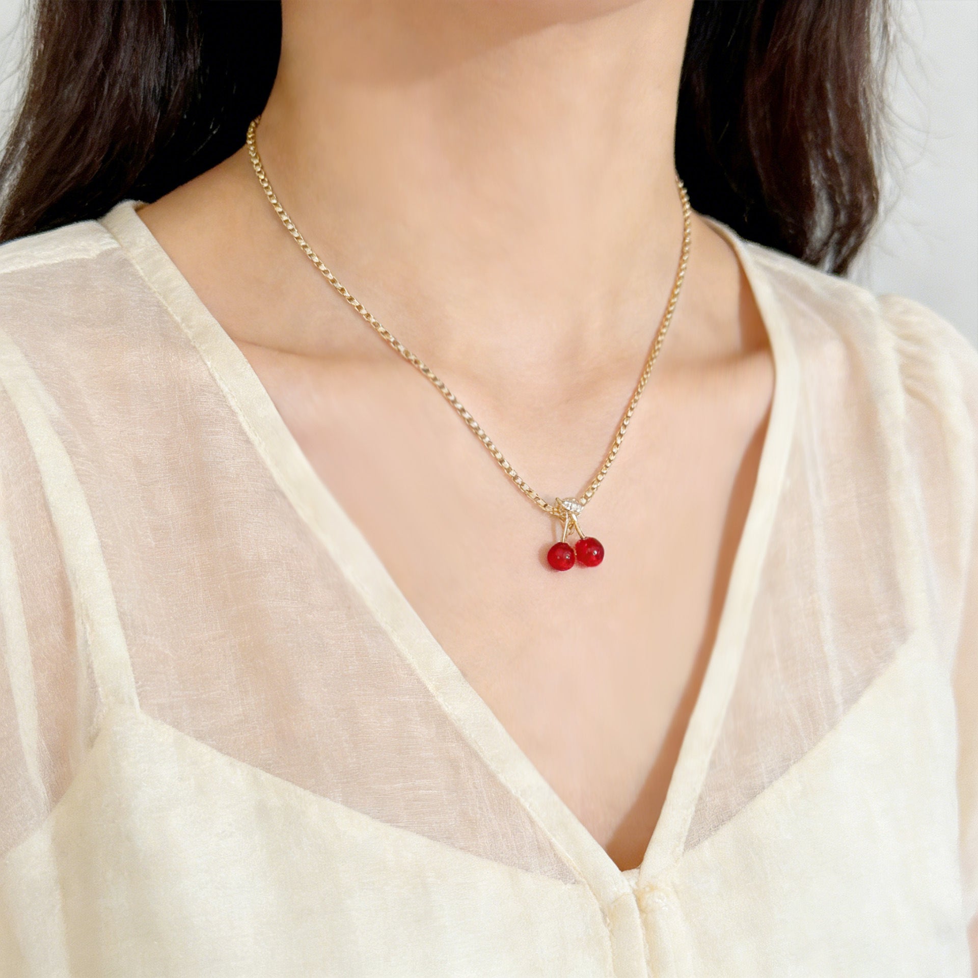Wholesale Chic Cherry Pendant Collarbone Necklace Red Glass Charm Alloy Box Chain Fashion Jewelry Accessory For Everyday Wear