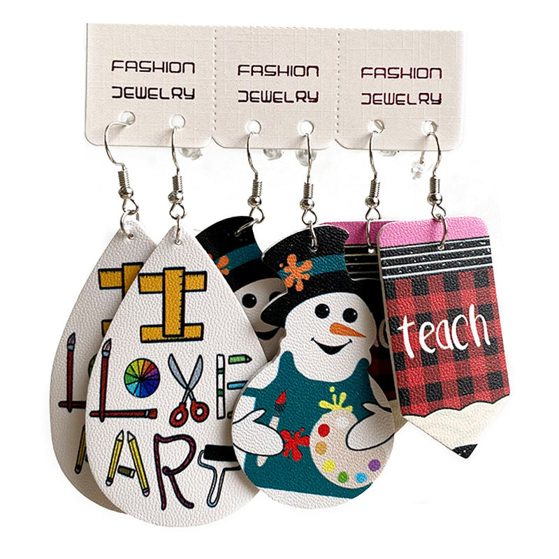 Wholesale 2 Sets Christmas Earrings Set Teacher Snowman PU Leather Earrings Set ACC-ES-HY133