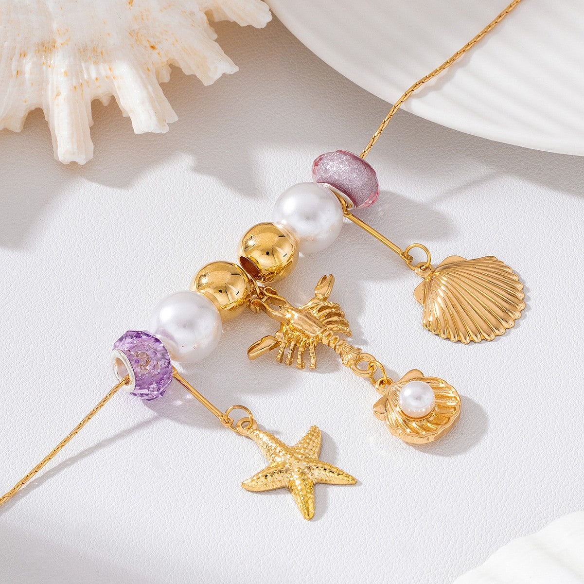 Wholesale Beach Vacation Starfish Seashell Pearl Necklace Purple Beaded Ocean Pendant Choker Fashion Jewelry Accessory Women Gift Boutique Resale