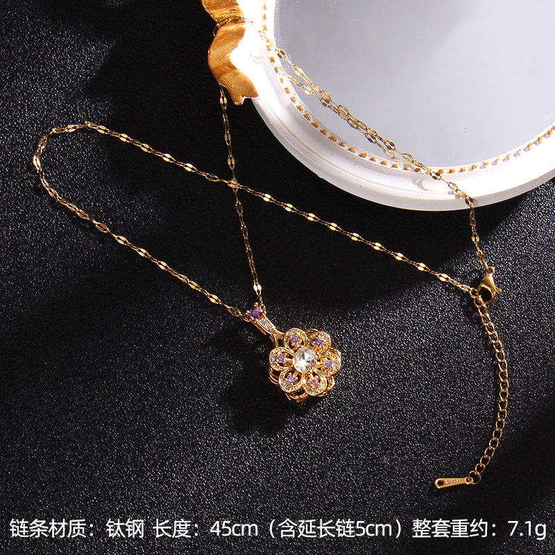 Wholesale Zircon Rotating Four Leaf Clover Flower Pendant Titanium Steel Necklace ACC-NE-Rongc006